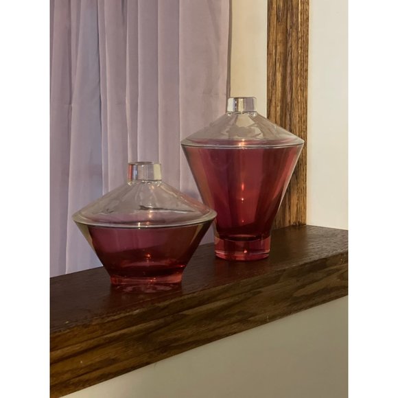 Rare 2 Hazel Atlas Glass Moroccan Ruby red Swirl Candy Dish w/Lid Mid Century - Picture 5 of 8